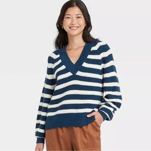 A New Day Blue & White Striped V-neck Knitted Nautical Sweater Size Small